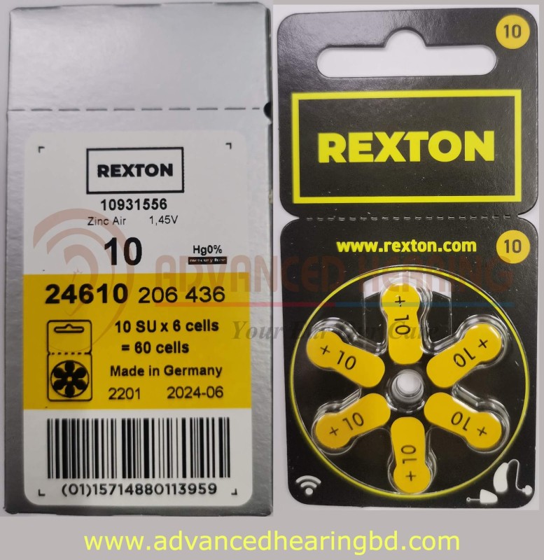 Original Rexton Zinc Air Hearing Aid Batteries – Size 10 (Yellow) 60 Pcs/1 Box+6 Pcs Free