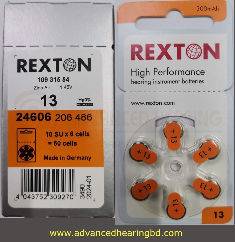 Original Rexton Zinc Air Hearing Aid Batteries – Size 13 (Orange) 6 Pcs